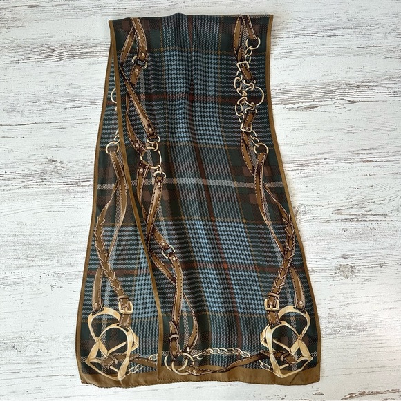 LAUREN RALPH LAUREN Houndstooth Plaid Equestrian Horse Bridal Silk Scarf - Picture 5 of 6